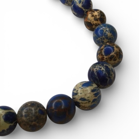 Men’s Polished Blue Sea Sediment Beaded Stretch Bracelet, 6mm Natural Stone, 7" - Picture 6 of 8